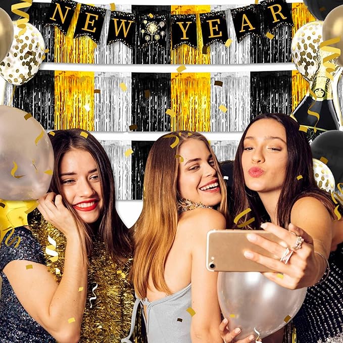 4 Pack 10 Ft Black Gold Silver Foil Fringe Garland Metallic Streamers Tinsel - Image 6