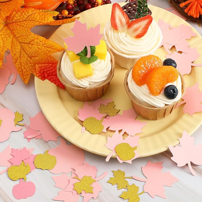 MARFOREVER 350 Pcs Fall Thanksgiving Pink and Gold Pumpkin Maple Leaf Confetti - Image 3