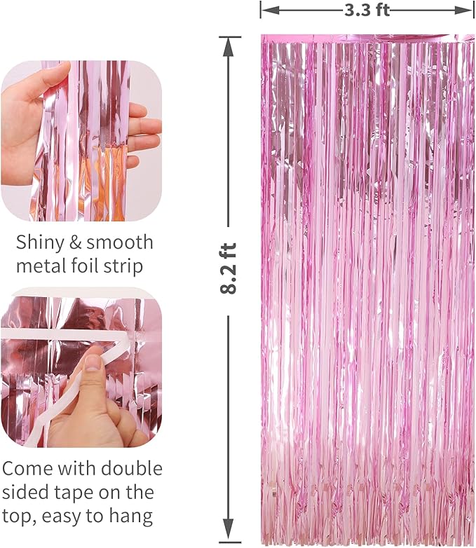 2 Pack Pink Foil Fringe Curtains Streamers Party Decorations 3.3 x 8.2 ft - Image 2