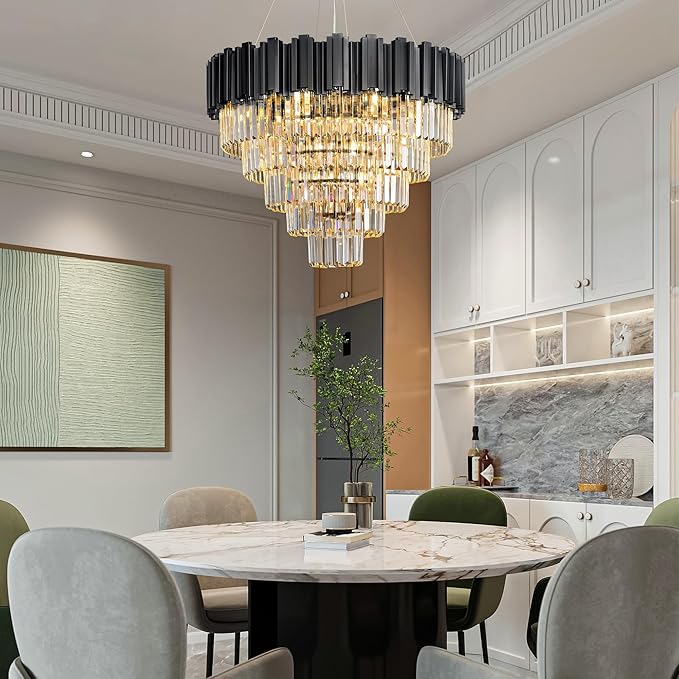 27.5" Black Crystal Chandelier, 9-Light Modern Luxury Round Chandelier by BEIRIOLIGHTING