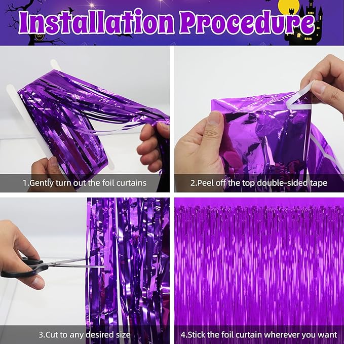 3 Pack Purple Backdrop Tinsel Streamers Foil Fringe Backdrop Halloween Party - Image 3