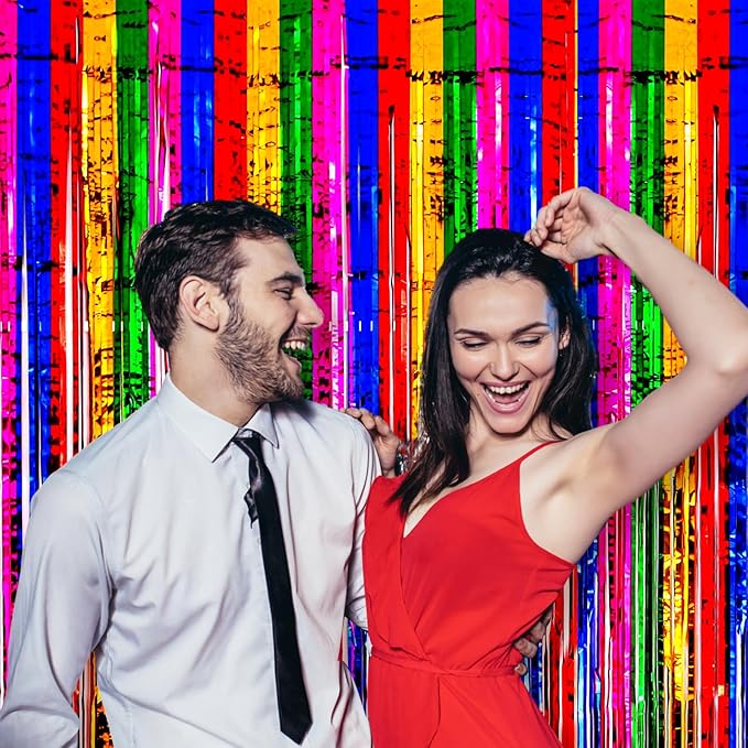 4 Pack 3.3x8.2 Feet Rainbow Foil Fringe Backdrop Curtains, Tinsel Streamers - Image 6