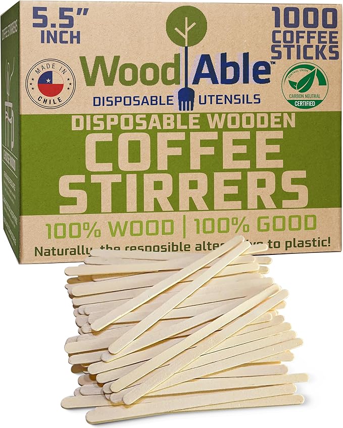 5.5 Inch Wooden Coffee Stirrers, Disposable & Compostable Wood Coffee Stick by WoodAble