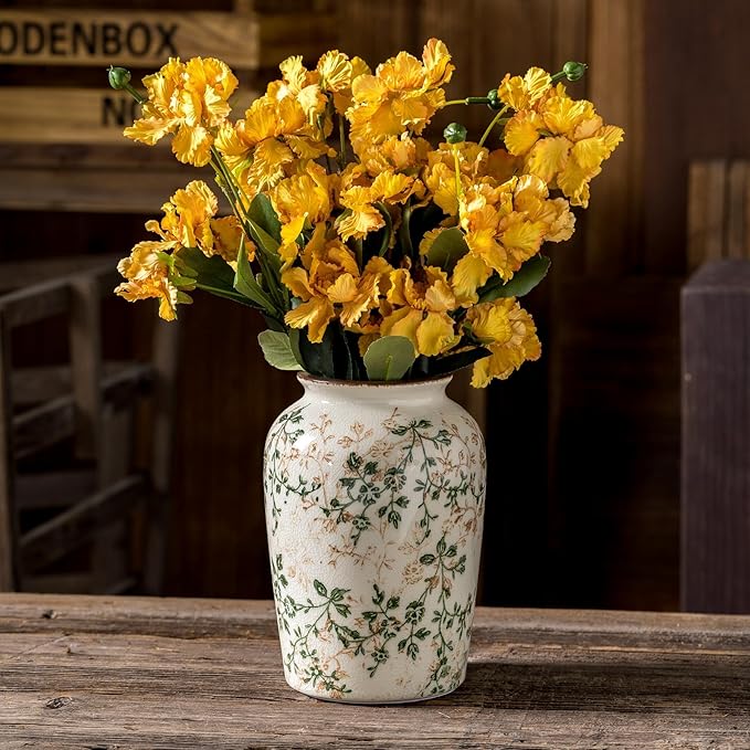 Vintage Pastoral Green and Beige Vase, Round Ceramic Floral Vases, Retro Ice by SUREYUESI
