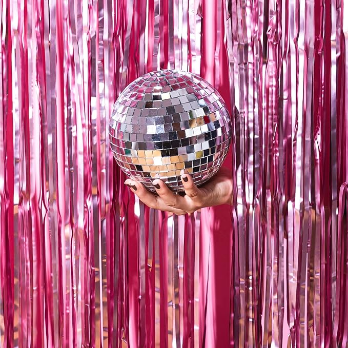 CHRORINE 2pcs 3ft x 8.3ft Pink Tinsel Foil Fringe Curtains Streamers Backdrop - Image 5