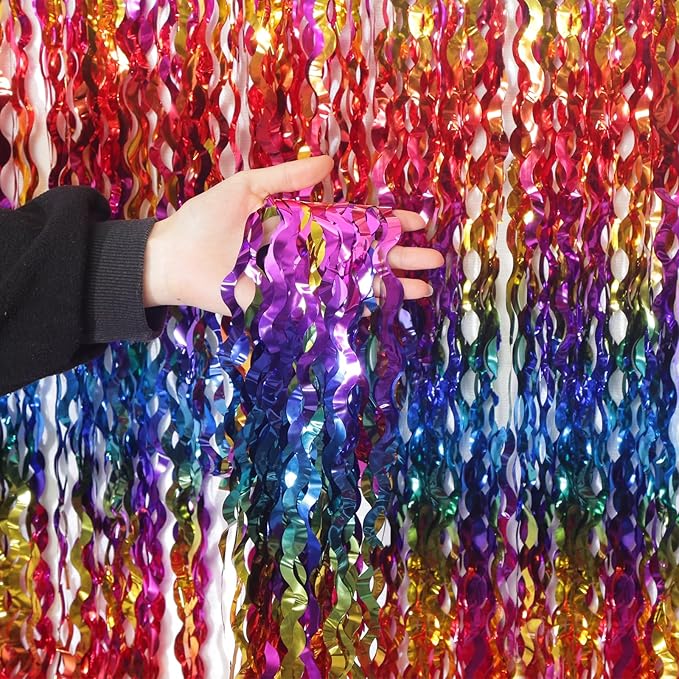 4 Pack Wavy Rainbow Foil Fringe Curtain | 3.3x6.6ft Colorful Tinsel Metallic by KEEUH