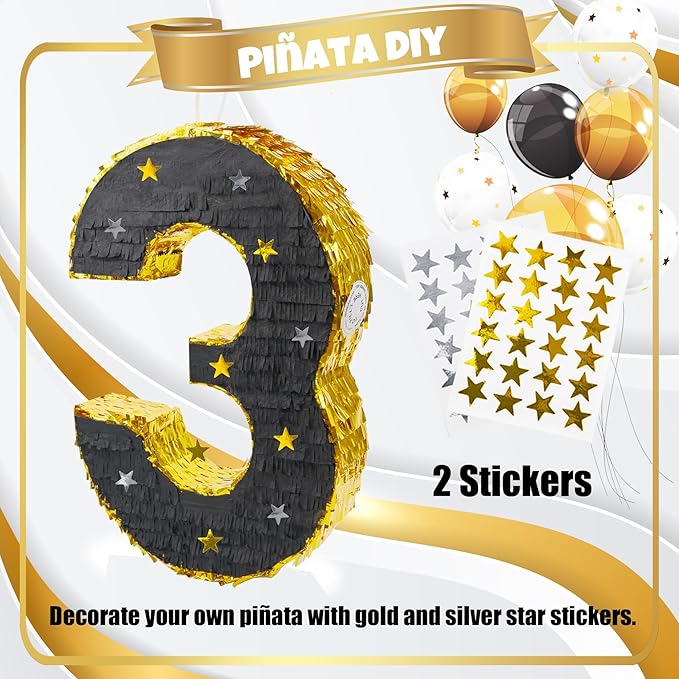 PCFING 20 Inch Number 3 Piñata Gold Black - Image 3