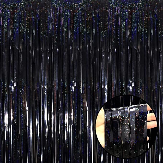 4 Pack Black Tinsel Foil Fringe Curtain Backdrop, 3.28Ft x 8.2Ft Metallic by Unknown