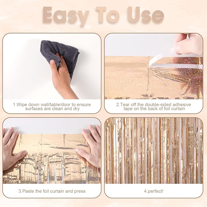 3 Pack 3.3 x 8.2 ft Laser Champagne Foil Fringe Backdrop Curtains, Tinsel - Image 5
