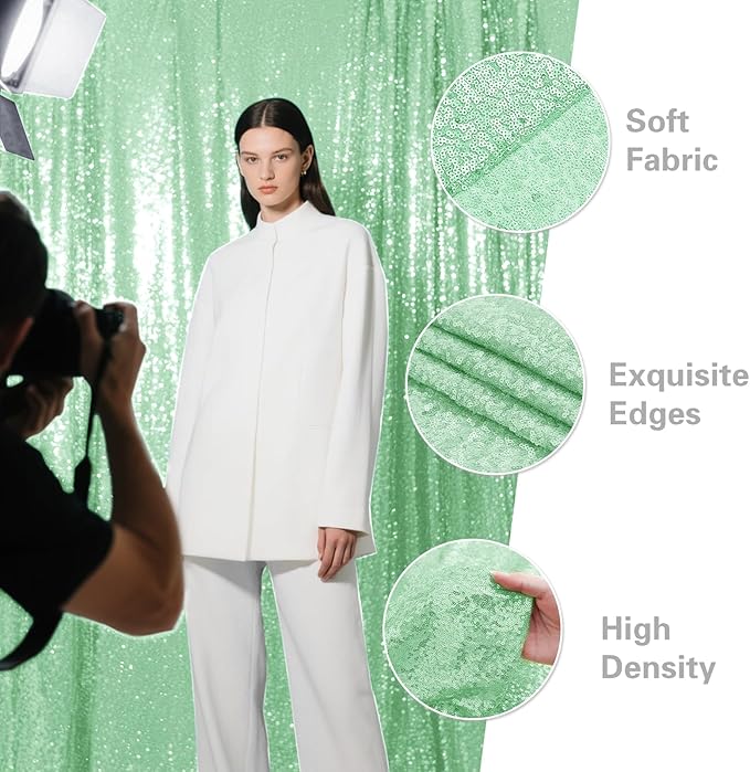 Mint Green Sequin Backdrop Curtain 2 Pieces 2FTx8FT Glitter Photography Backdrop - Image 4