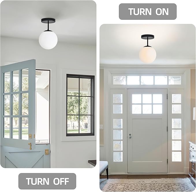 8" Black Semi Flush Mount Ceiling Light Fixture Milk Glass Globe Ceiling Light - Image 6