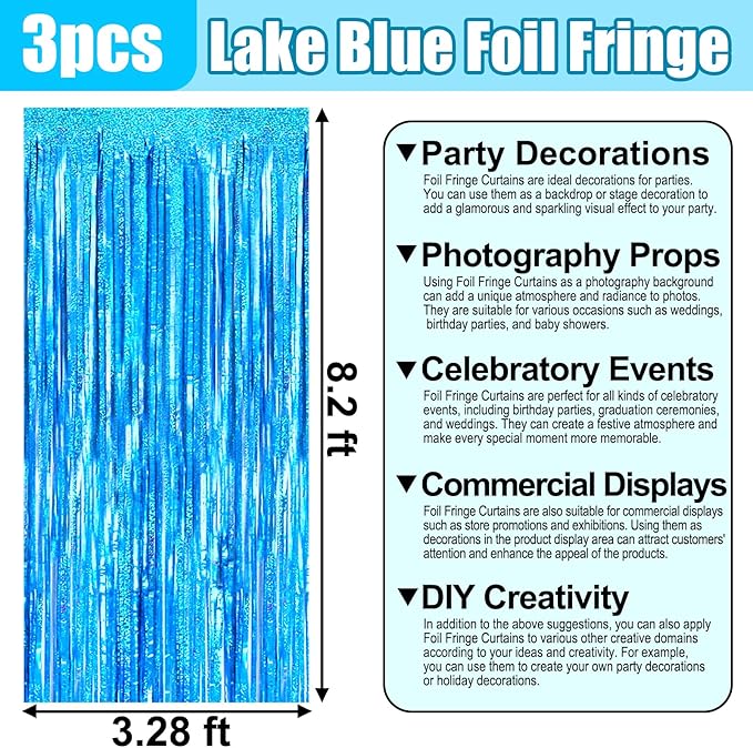 3 Pack Lake Blue Foil Fringe Curtain Backdrop, 3.28Ft x 8.2Ft Metallic Tinsel - Image 2