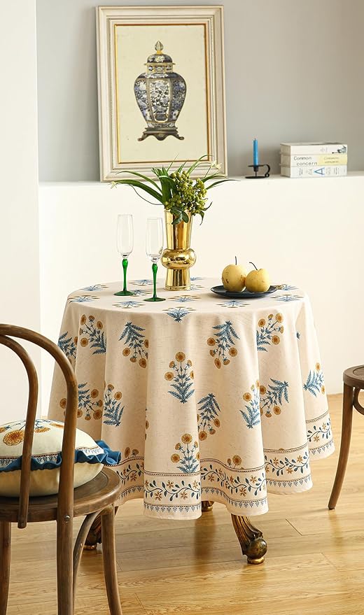 ISAENNE Designer French Pale Yellow Round Tablecloth, Linen Floral Table Cloth - Image 9