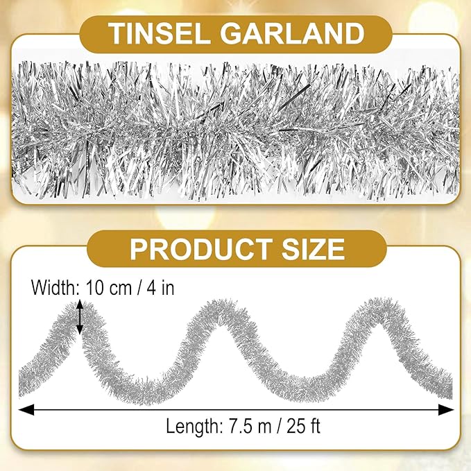 25 Feet Silver Christmas Tinsel Garland, Metallic Foil Twist Garland Wall - Image 2