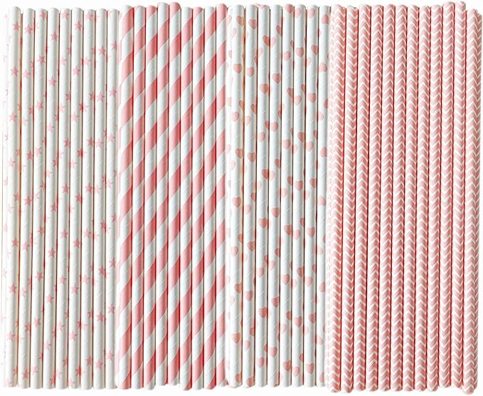 YAOSHENG Pink & Gold Paper Straws Disposable, 100% Biodegradable Multi-Pattern - Image 6