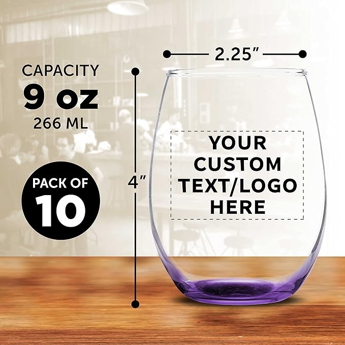 Custom Stemless Wine Glass 9 oz. Set of 10, Personalized Bulk Pack - Image 5
