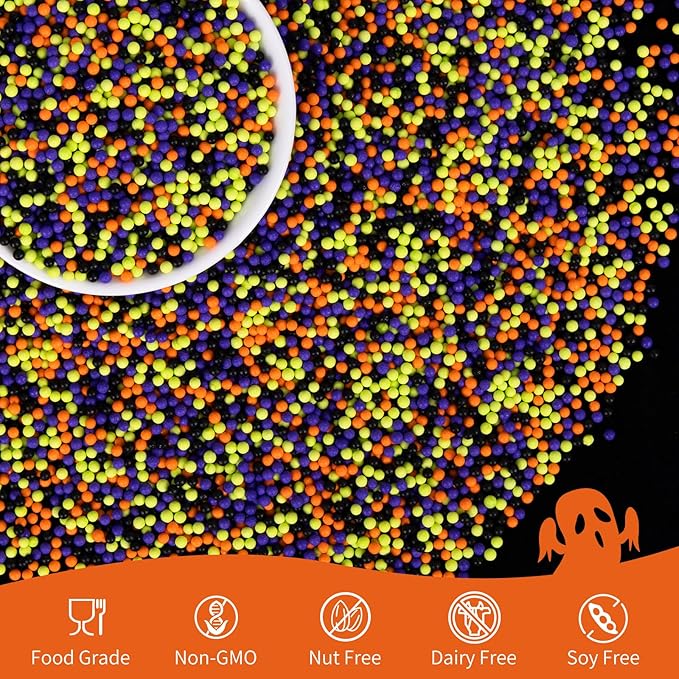 Halloween Edible Pearl Sprinkles, Nonpareils Purple Black Green and Orange Mix - Image 3