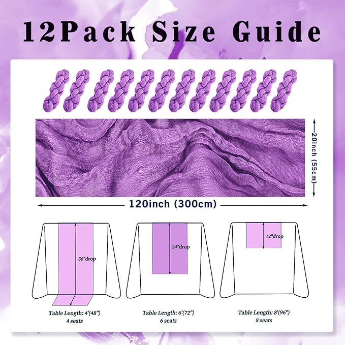 12 Pack Purple Cheesecloth Table Runner 10FT Boho Fabric Rustic Cheese Cloth - Image 2