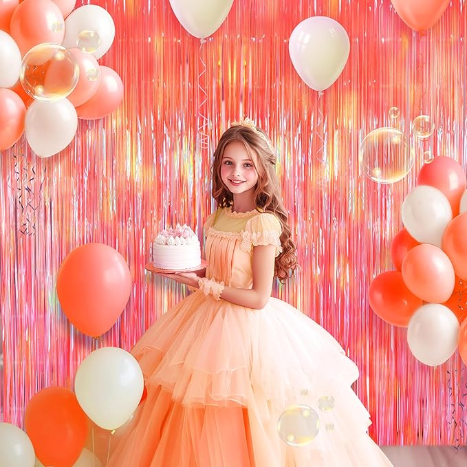 2 Pack Orange Party Streamers Backdrop Curtains, 3.3x8.2ft Holographic Tinsel - Image 3