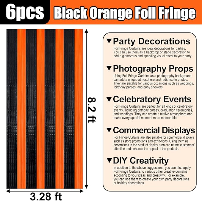 6 Pack Black Orange Foil Fringe Curtain Backdrop, 3.28Ft x 8.2Ft Metallic - Image 2