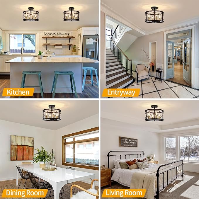 Black and Brushed Gold Semi Flush Mount Ceiling Light, Farmhouse Modern Light - Image 4