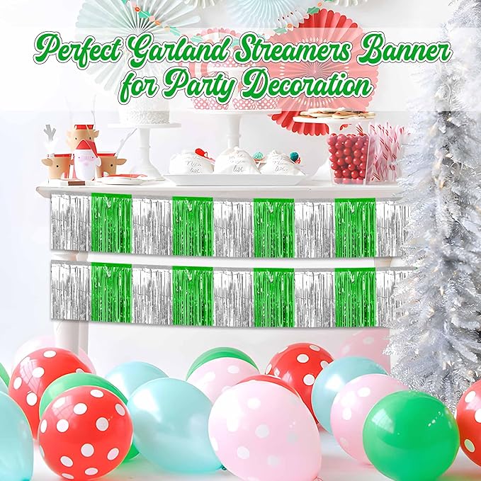 4 Pack 10 Ft Silver Green Foil Fringe Garland Metallic Streamers Tinsel Banner - Image 4
