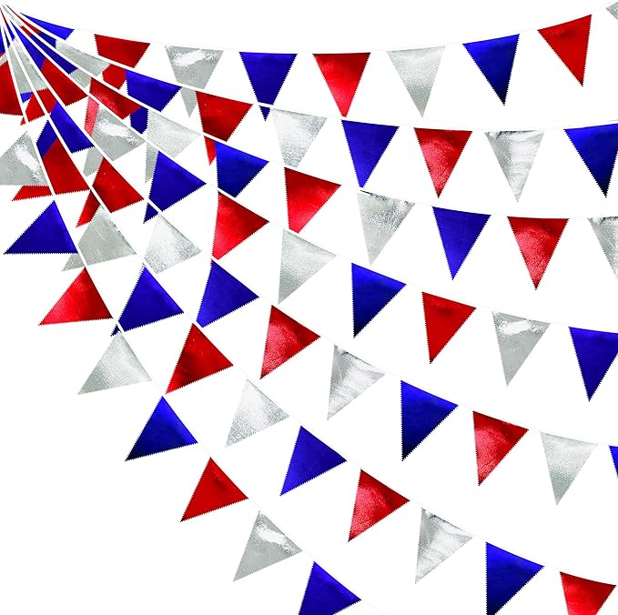 Red Blue Silver Party Decorations Metallic Fabric Triangle Pennant Banner Flag by pinkblume