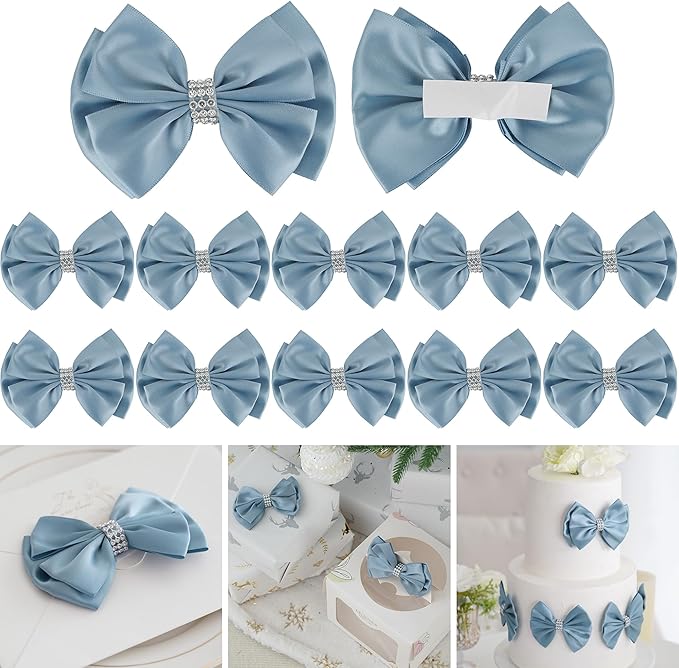 Satin Bows 4'' Premade Dusty Blue Ribbon Bow, Wrapping Bows by LiBongTa