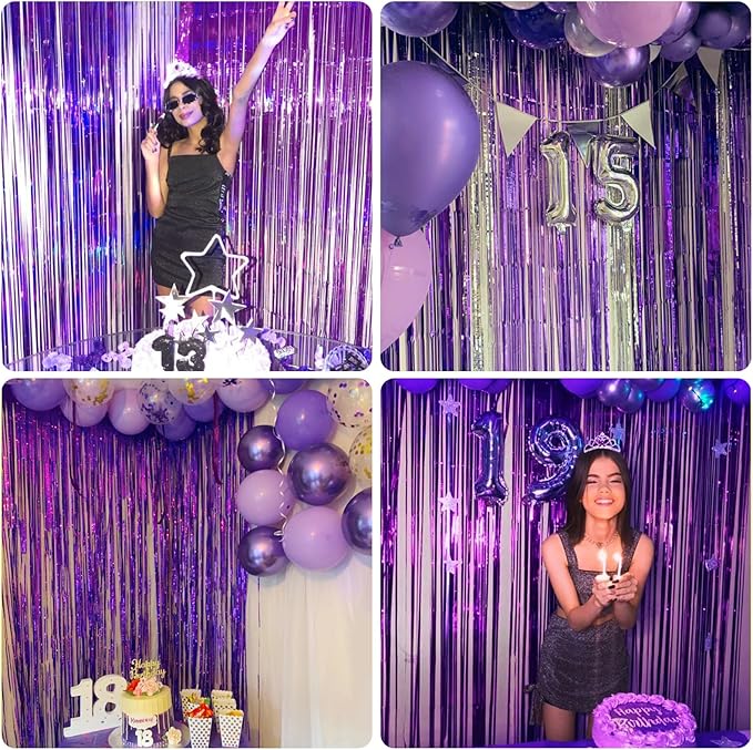 CANREVEL 2 Pack 3.3x8.2 Feet Purple Foil Fringe Backdrop Curtains, Tinsel - Image 7