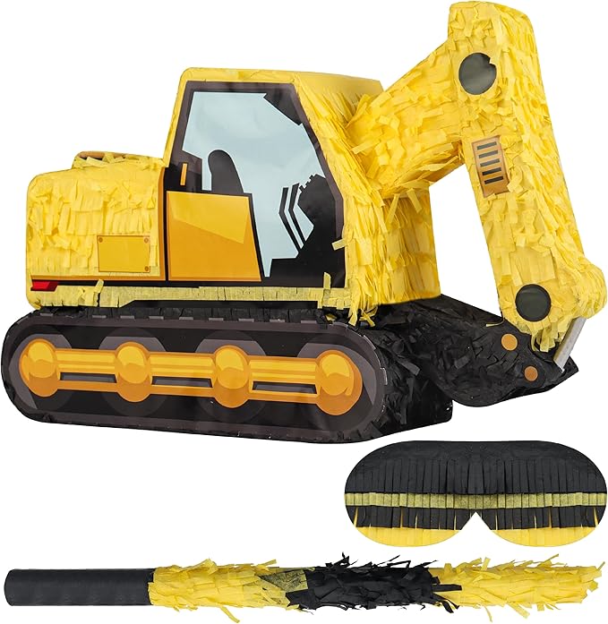 Excavator Pinatas Bundle with a Blindfold and Bat, Pinata by Birchio
