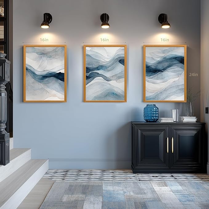 IAFWZX Wood Framed Blue Gray Abstract Wall Art, Modern Minimalist Waves Wall - Image 4