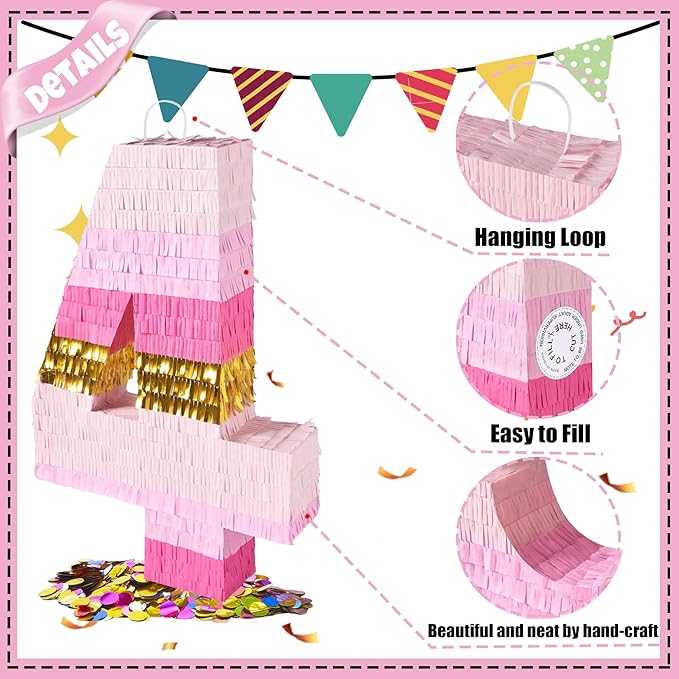 PCFING 20 Inch Number 4 Piñata Pink Gold - Image 3