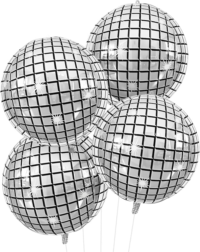 Disco Ball Balloons 4PC, Foil Disco Balloons 22 Inch 4D Round Metallic Silver by Cledeco
