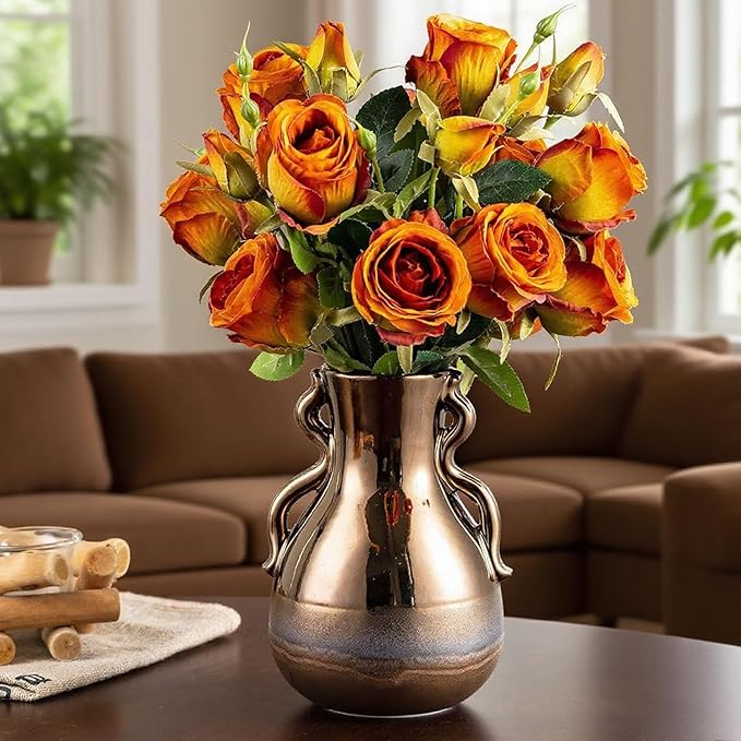 Gold Ceramic Vase with Handles, Modern Amber Brown Tall Centerpiece Floral by SUREYUESI