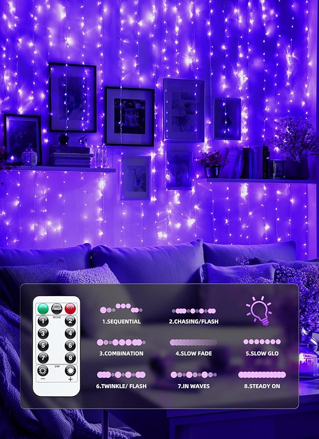 Brightown 300 LED Purple Fairy Curtain Lights, 9.8ft x 9.8ft Curtain String - Image 5