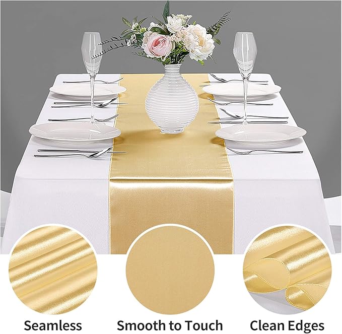 10-Pack Satin Table Runner Light Gold 12 x 108 inches Long, Table Runners - Image 3
