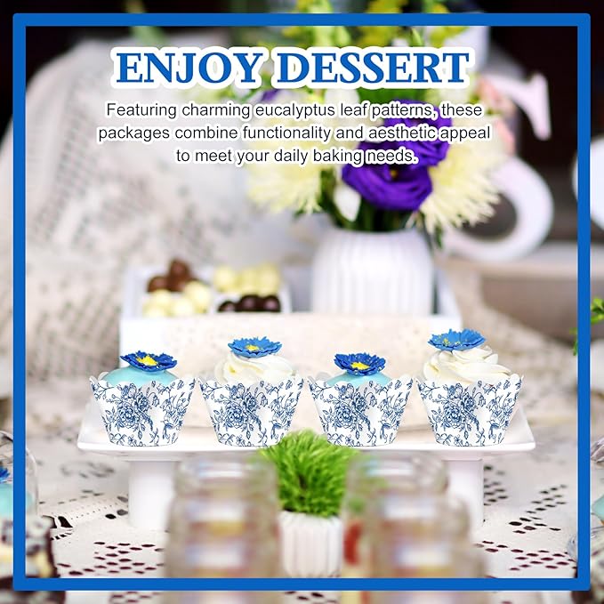 Domensi 100 Pcs Blue Floral Cupcake Wrappers Rustic Cupcake Liners Baking Cups - Image 7