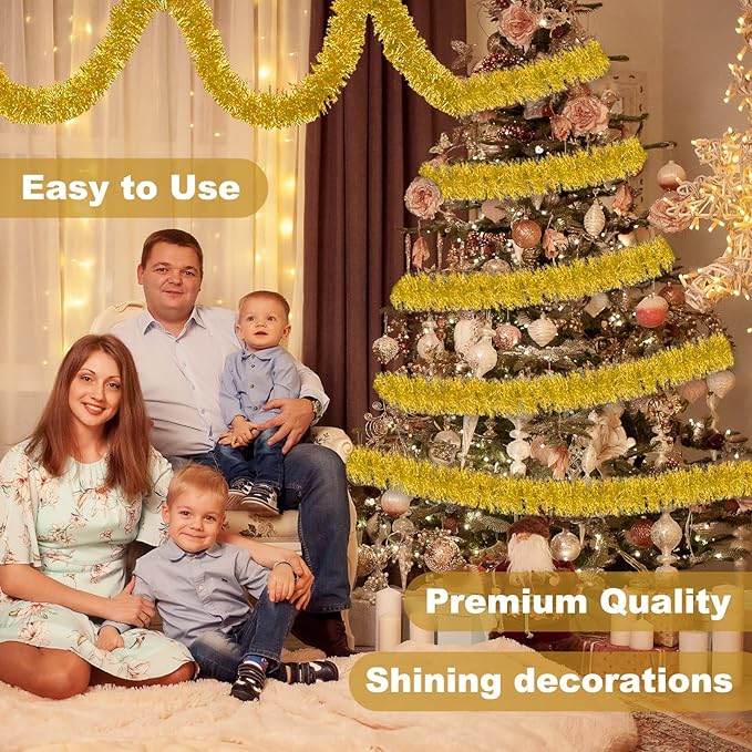 25 Feet Gold Christmas Tinsel Garland, Metallic Foil Twist Banner Wall Hanging - Image 4