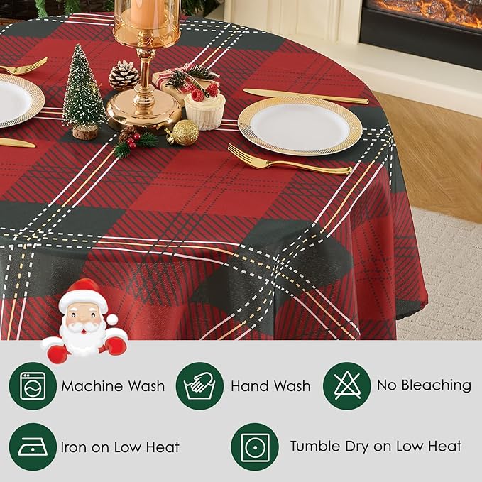 Christmas Tablecloth Round 60 Inch Waterproof, Machine Washable Checkered - Image 4