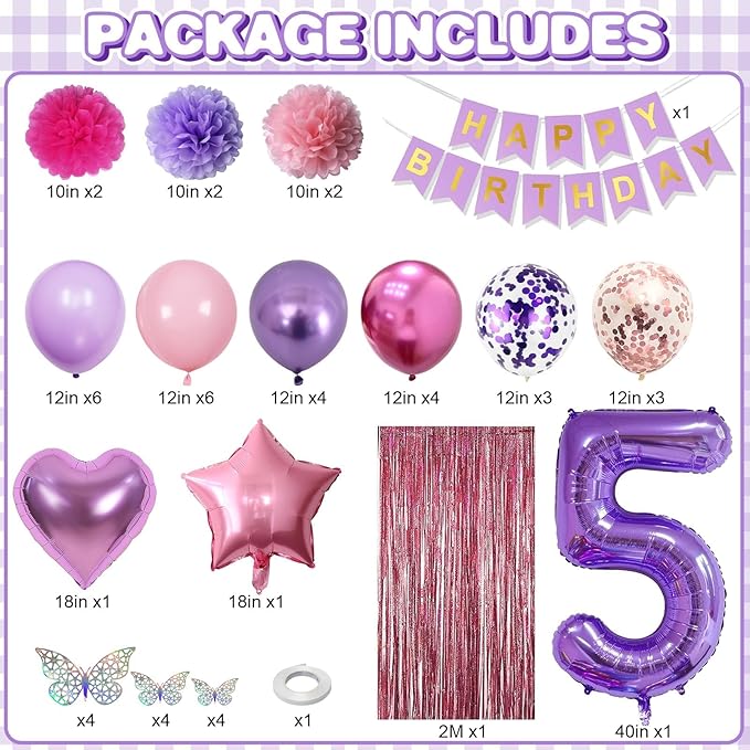 Pink Purple 5th Birthday Party Decorations - Image 3