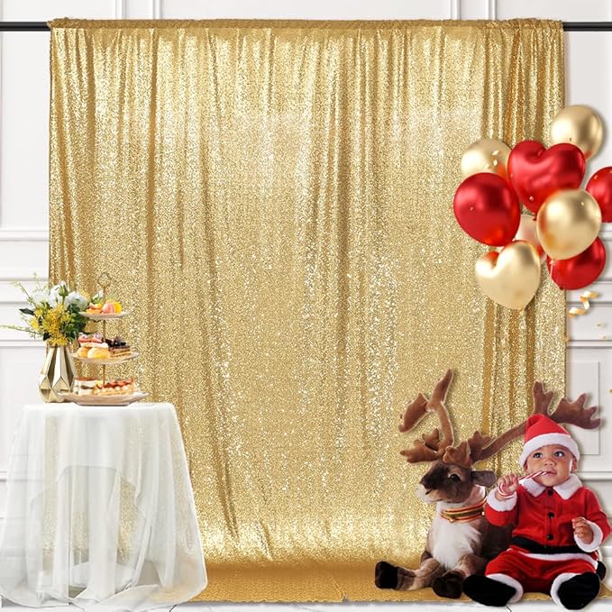 PartyDelight Sparkly Gold 8FT X 8FT Sparkly Sequin Backdrop Curtains by PartyDelight