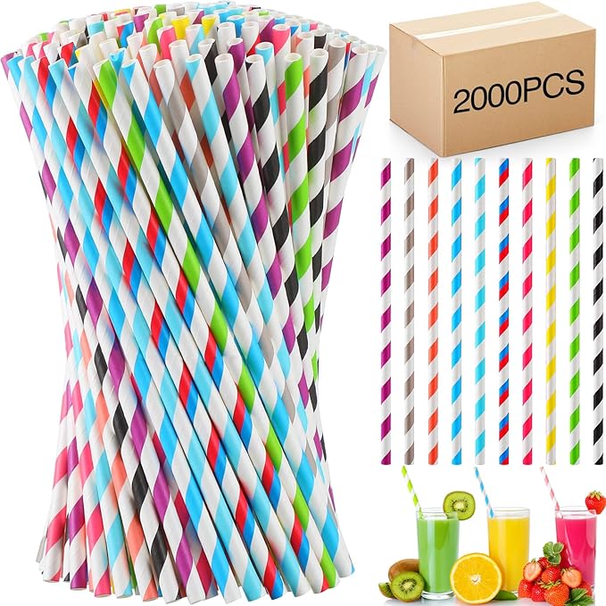 Eaasty 2000 Pcs Colored Paper Straws Bulk Disposable Striped Drinking Paper by Eaasty