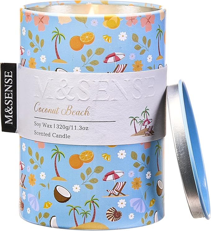 M&SENSE Coconut Beach Scented Candle, Medium Jar Candle 11.3oz Natural Soy Wax by MSENSE