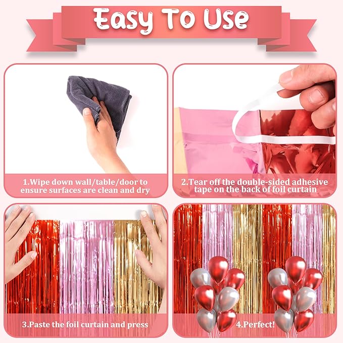 3 Pack 3.3 x 8.2 ft Valentine Foil Fringe Backdrop Curtains, Tinsel Streamers - Image 3