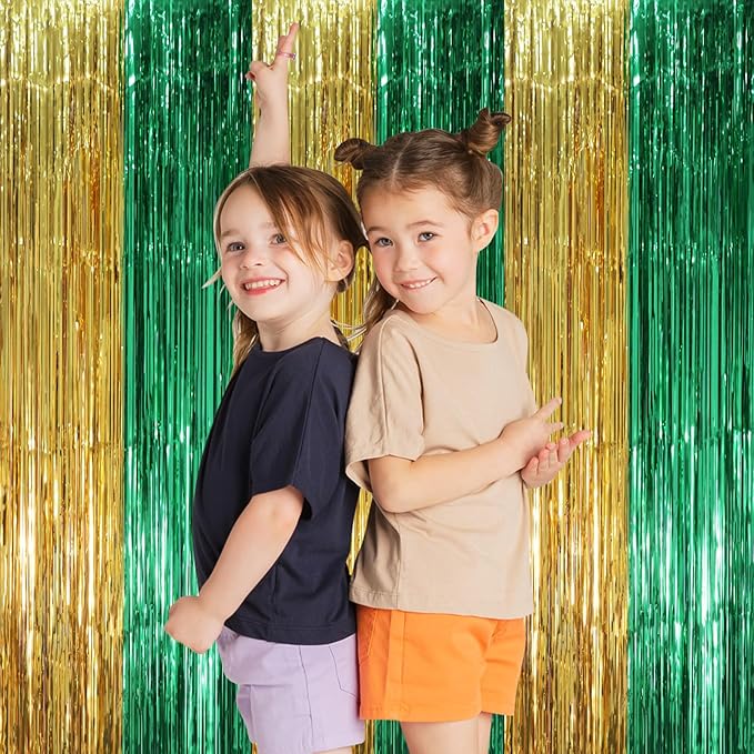 3 Pack 3.3 x 8.2 ft Green and Gold Foil Fringe Backdrop Curtains, Tinsel - Image 7