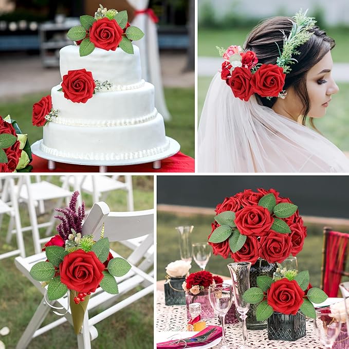 AmyHomie Artificial Flowers Red Rose 50pcs Real Looking Fake Roses w/Stem - Image 4