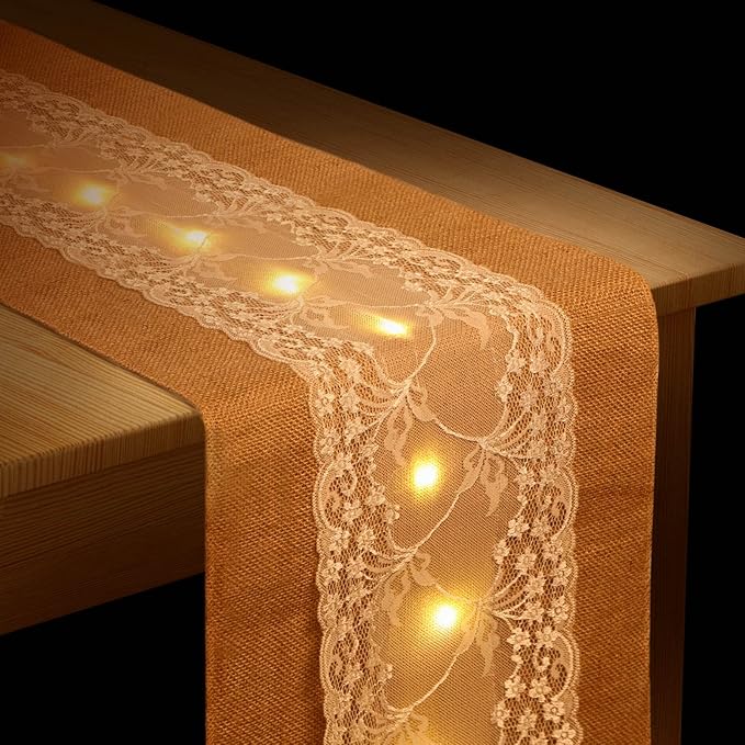 Burlap Table Runner with LED String Lights Rustic 12" x 108" Christmas - Image 8