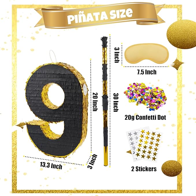 PCFING 20 Inch Number 9 Piñata Gold Black - Image 2
