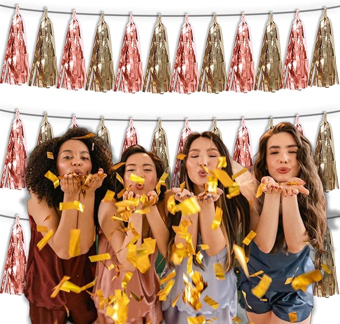 3P Rose Champagne Gold Metallic Fringe Tassel Banner Garland Foil Tinsel - Image 6