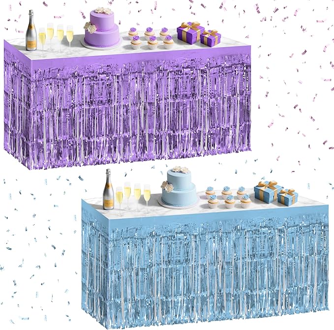 2 Pack Light Blue Light Purple Table Skirts, 29x108" Metallic Foil Tinsel by Unknown